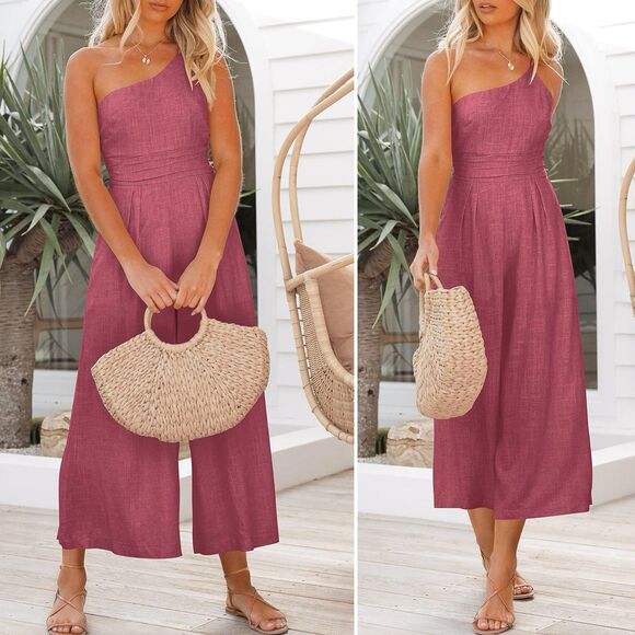Jumpsuit Tan Large Summer One Shoulder Rose High Waist Casual Wide Leg ANRABESS - Picture 14 of 16